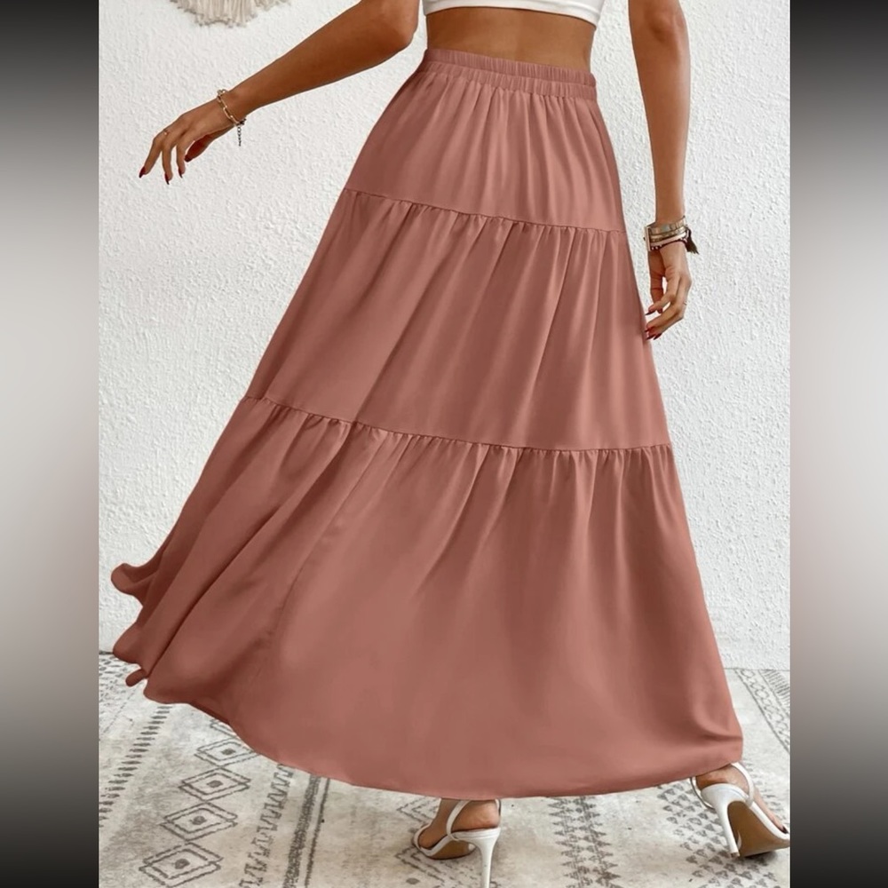 Boho dusty pink button detail ruffle hem maxi skirt - Picture 3 of 16